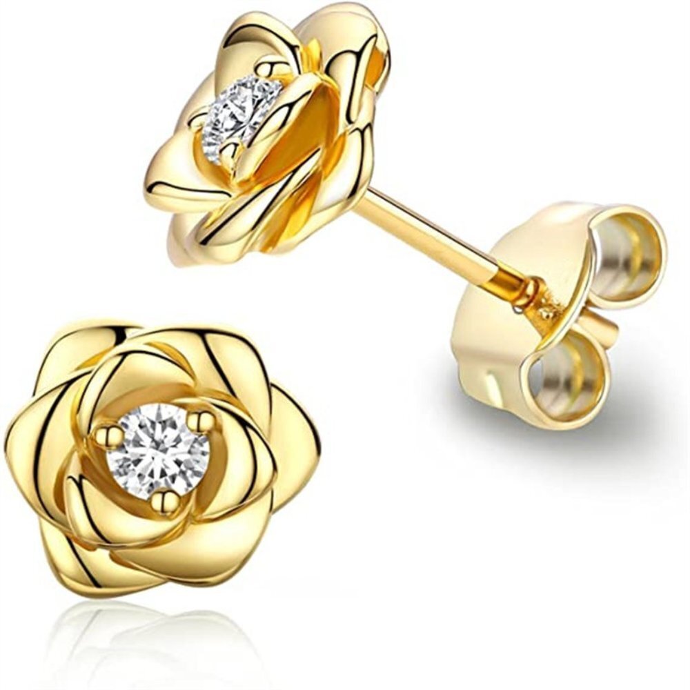 Trendy Design Rose Flower Stud CZ Earrings For Women, HA4492